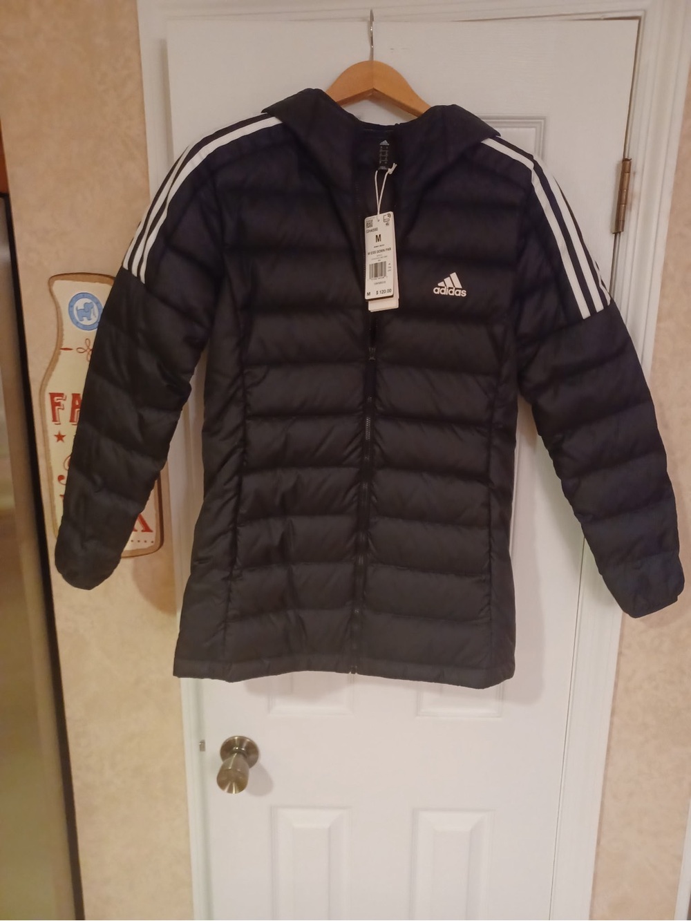 Adidas Women’s Black Parka Puffer Jacket with White Stripes